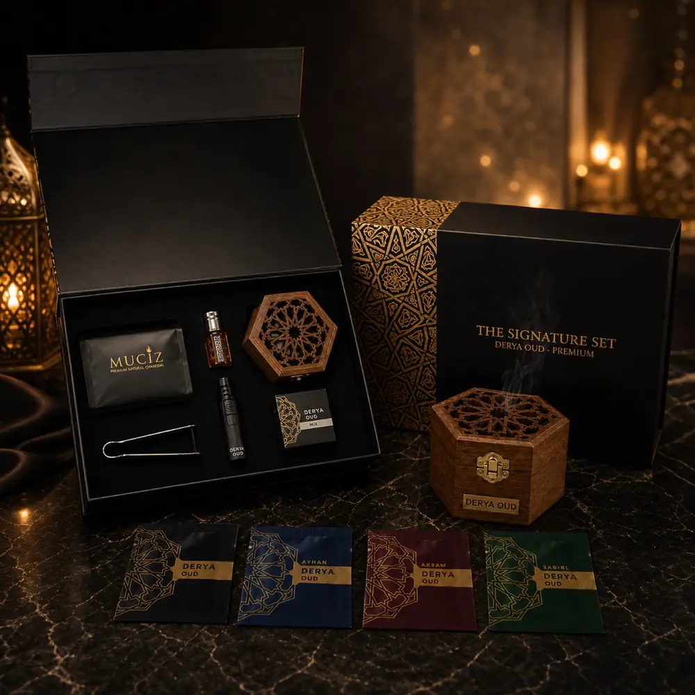 Derya Oud Signature Set — empat aroma Raudhah, mabkhara hexagon, dan kelengkapan ritual dalam satu kotak warisan