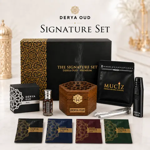Derya Oud Signature Set — empat aroma Raudhah, mabkhara hexagon, dan kelengkapan ritual dalam satu kotak warisan